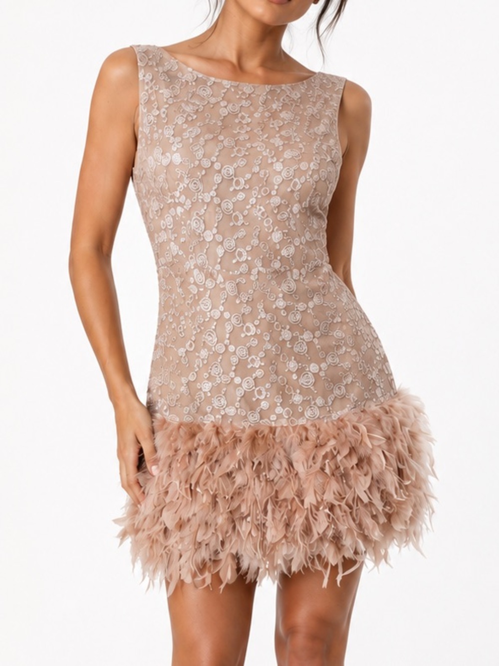 MNG Moments Sleeveless Feather Hem Lace Mini Dress in Blush